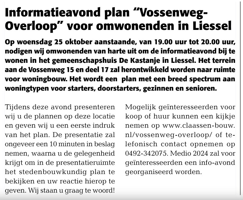 Informatieavond plan “Vossenweg-Overloop” voor omwonenden in Liessel op woensdag 25 okt 2023